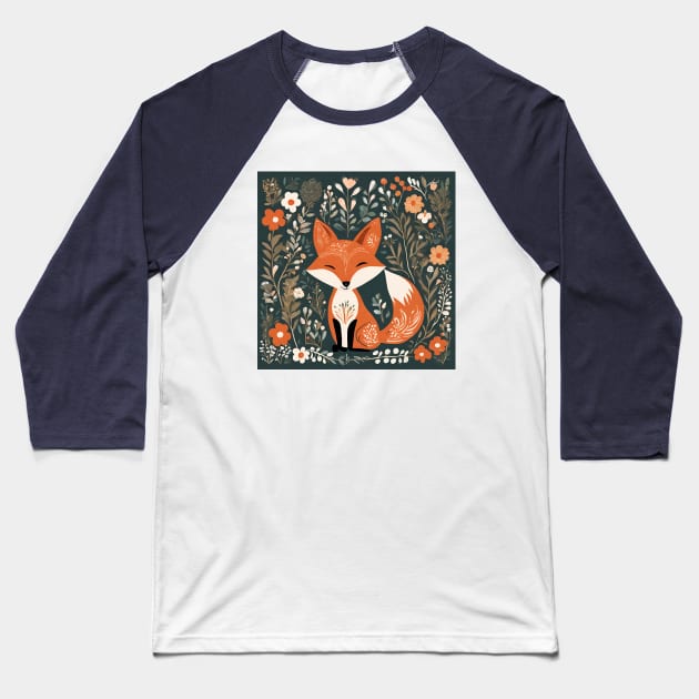 cute woodland animal  scandinavian folk art red fox Baseball T-Shirt by Tina